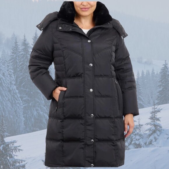NWT - London Fog Faux-Fur-Trimmed Down Puffer Coat w/Hood - Black - Picture 3 of 12